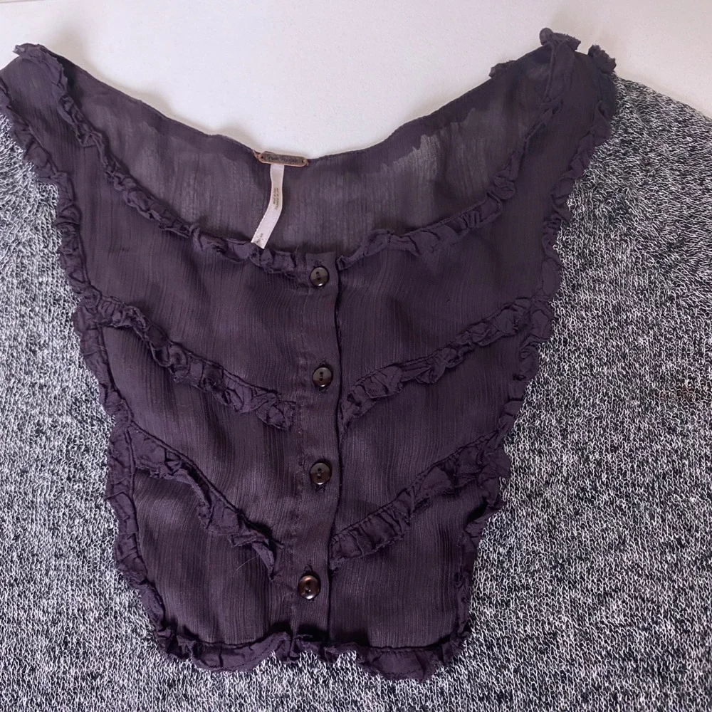Free People Marled Knit Women Tunic S Grey Linen Ruffle Bib Button Peplum Top